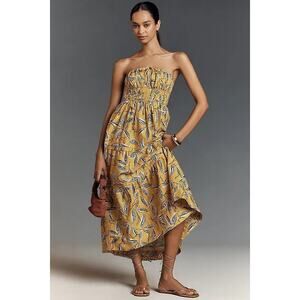 Anthropologie 100% Cotton Yellow Floral Somerset Strapless Maxi Dress Size Large